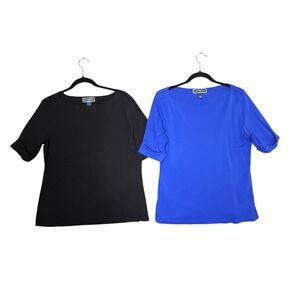 Karen Scott Womens Boat Neck Tops Black Blue Cotton Tops L Short Sleeve x2 Flaw